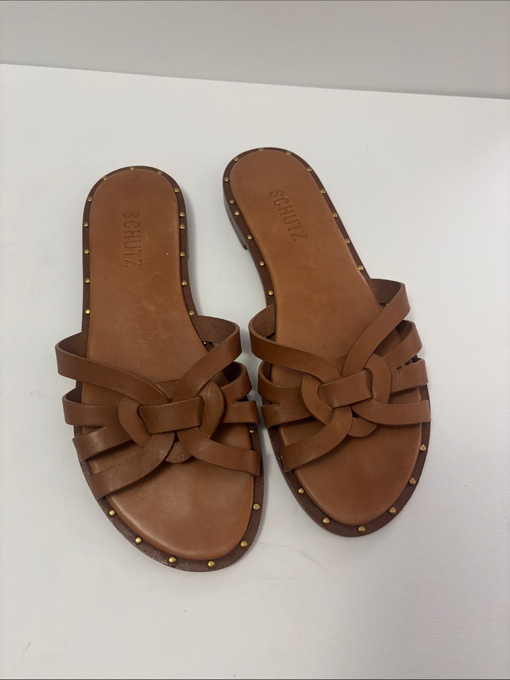 SCHUTZ Brown Leather Knot Slide Sandals with Stud Trim
